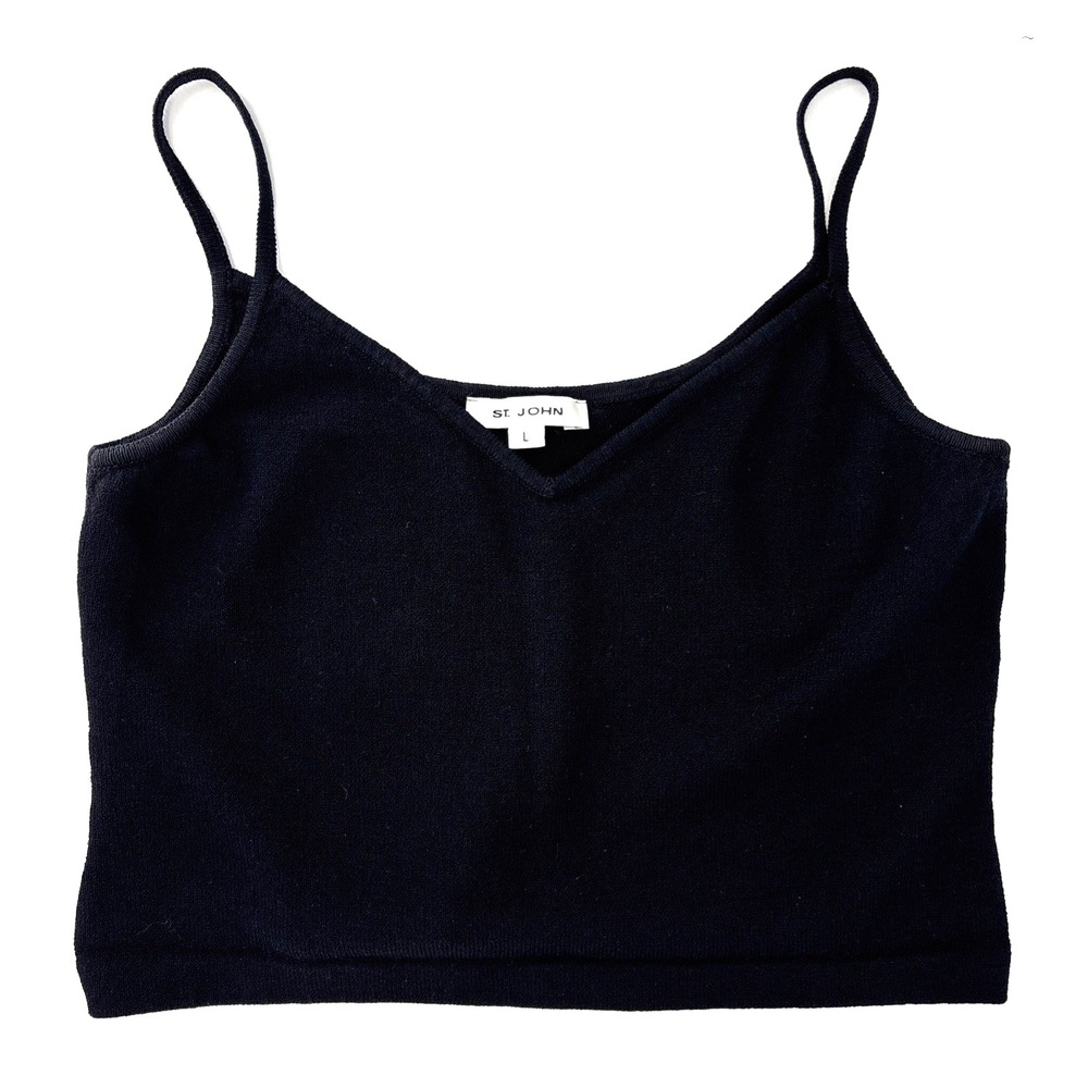 EUC St. John Knit Cropped Camisole Black Knit Spaghetti Straps‎ Size Large NICE!